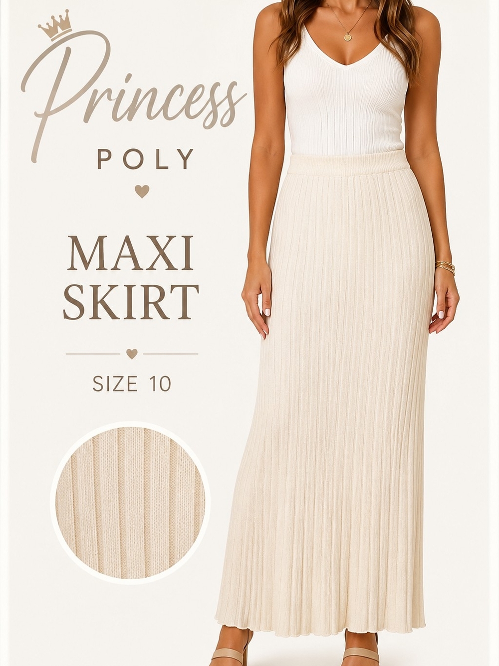 Princess Polly Cream Ribbed Maxi Skirt